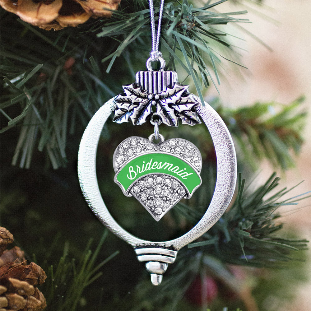 Silver Emerald Green Bridesmaid Pave Heart Charm Holiday Ornament