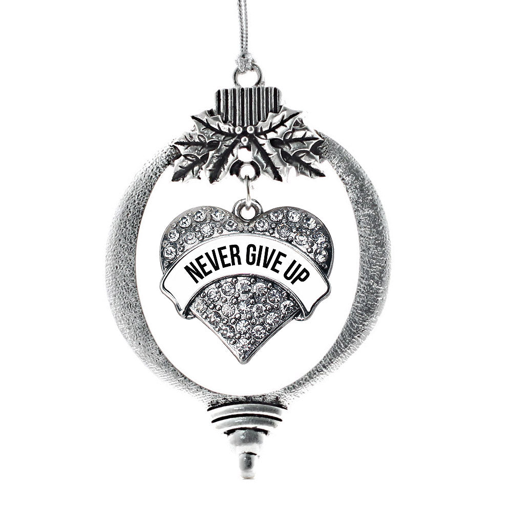 Silver White Banner Never Give Up Pave Heart Charm Holiday Ornament