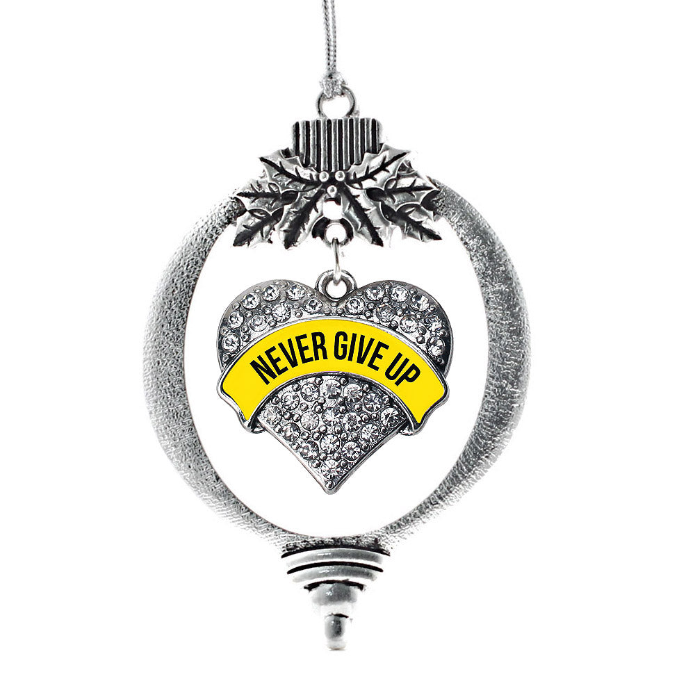 Silver Yellow Banner Never Give up Pave Heart Charm Holiday Ornament