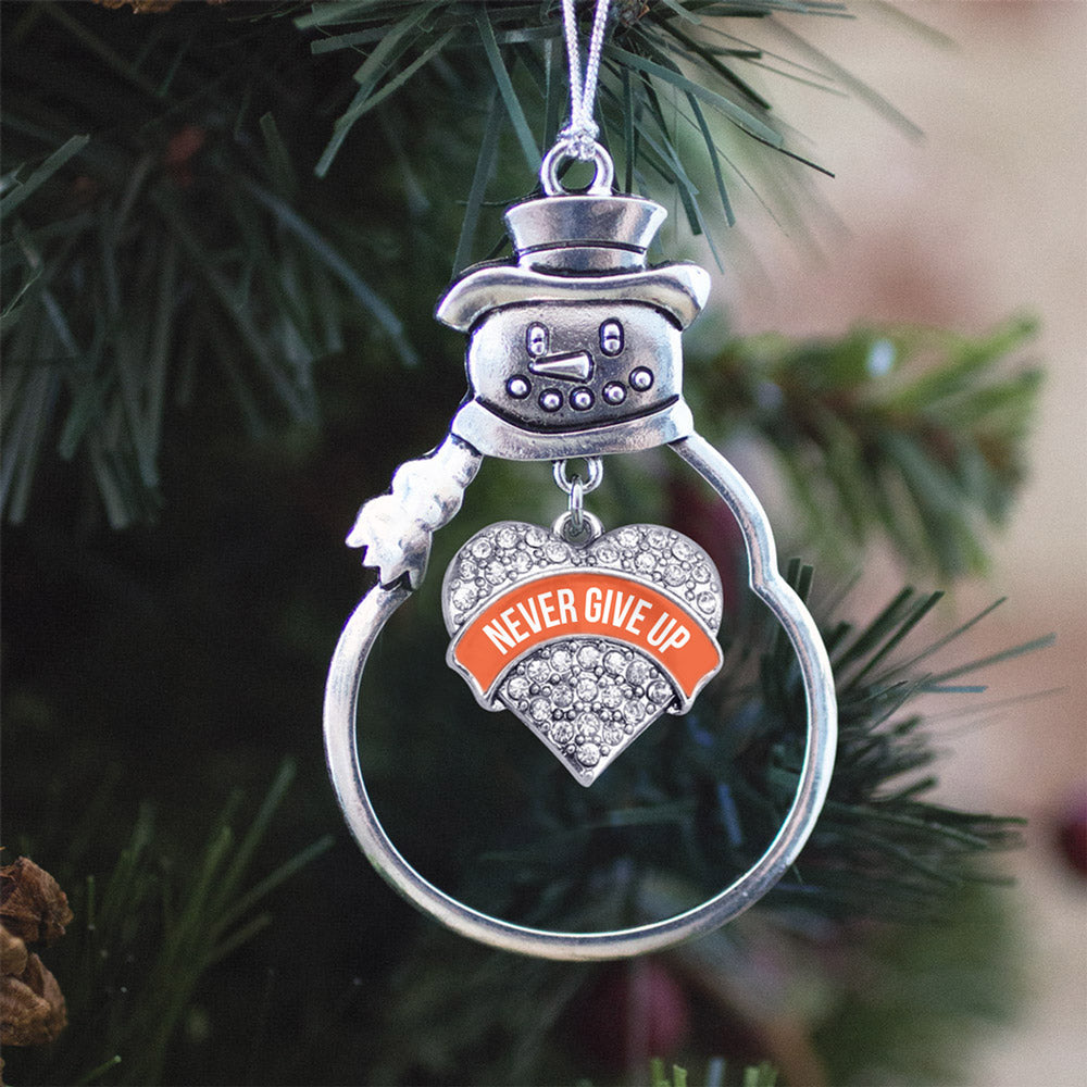 Silver Orange Banner Never Give up Pave Heart Charm Snowman Ornament