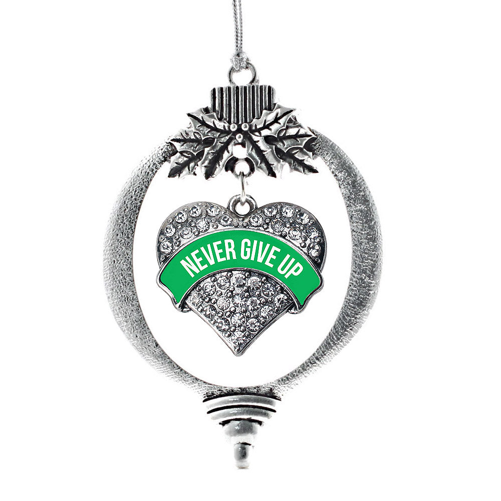 Silver Green Banner Never Give up Pave Heart Charm Holiday Ornament