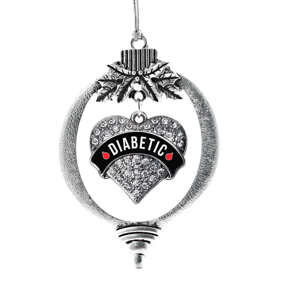 Silver Diabetic Medical Alert Pave Heart Charm Holiday Ornament