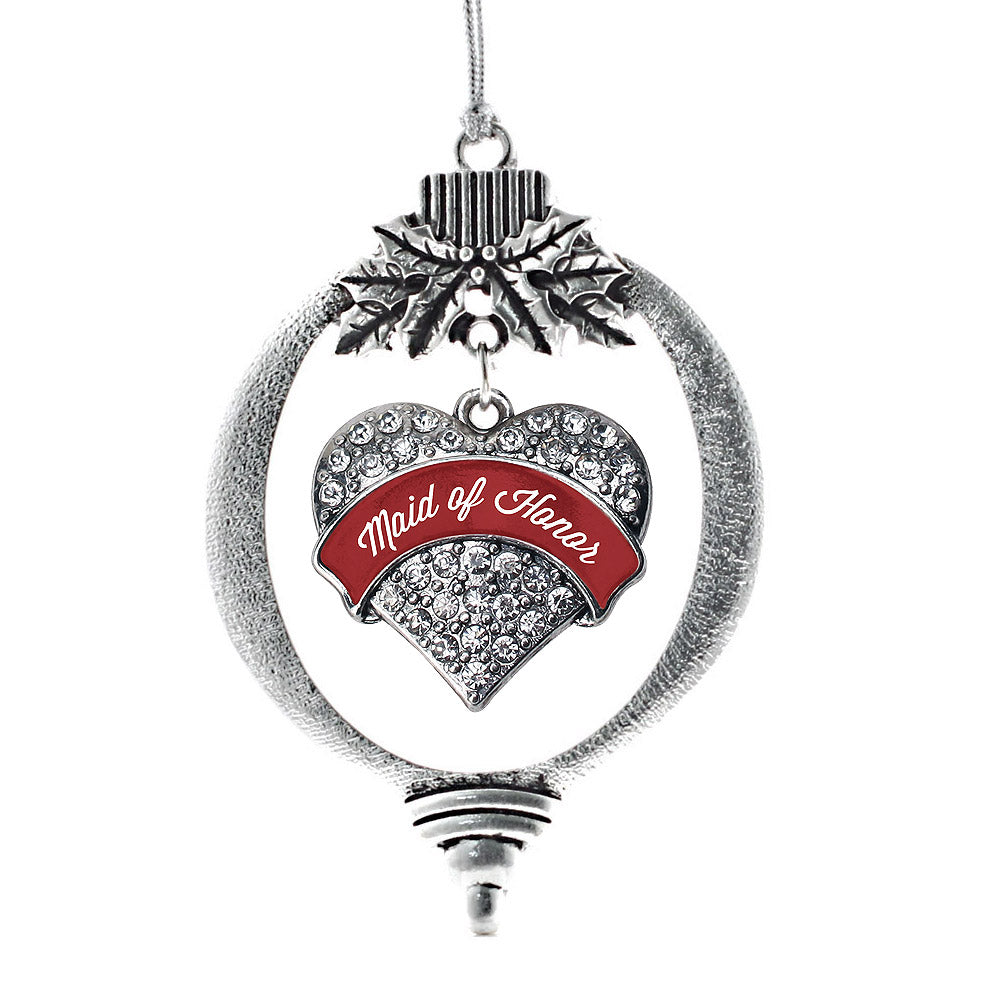 Silver Crimson Red Maid of Honor Pave Heart Charm Holiday Ornament