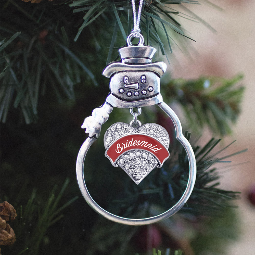 Silver Crimson Red Bridesmaid Pave Heart Charm Snowman Ornament