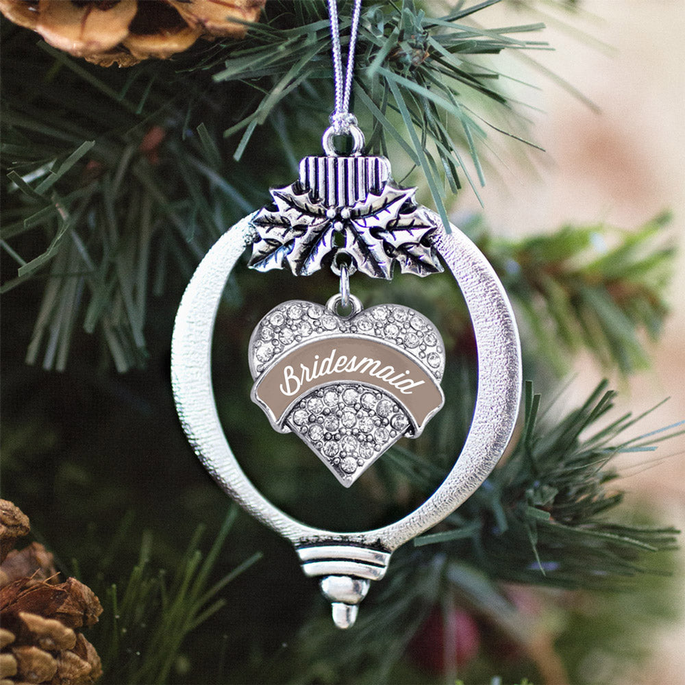 Silver Brown and White Bridesmaid Pave Heart Charm Holiday Ornament