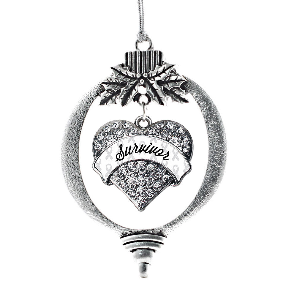Silver White Survivor Pave Heart Charm Holiday Ornament