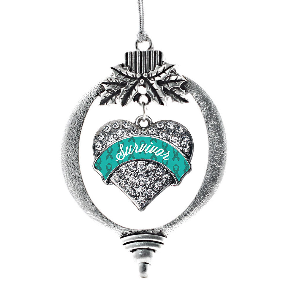 Silver Teal Survivor Pave Heart Charm Holiday Ornament