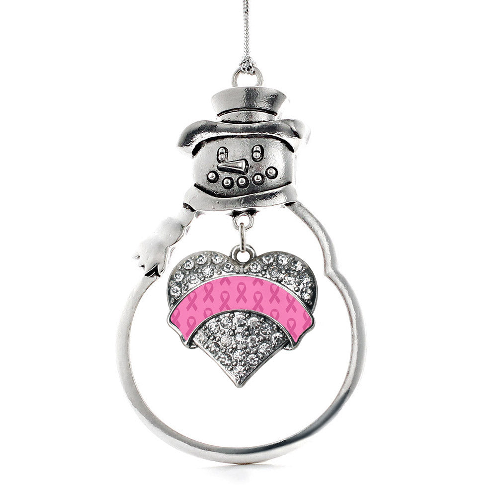 Silver Pink Ribbon Survivor Pave Heart Charm Snowman Ornament