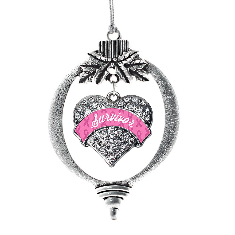 Silver Pink Survivor Pave Heart Charm Holiday Ornament
