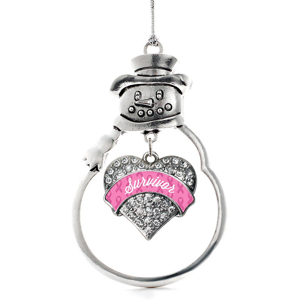 Silver Pink Survivor Pave Heart Charm Snowman Ornament