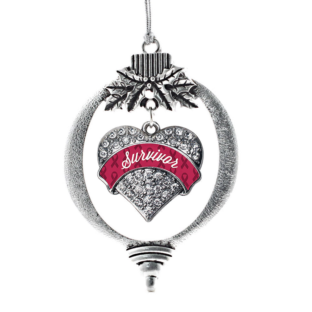 Silver Burgundy Survivor Pave Heart Charm Holiday Ornament