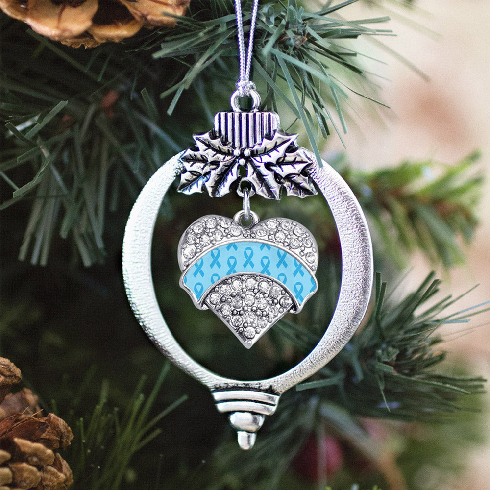 Silver Light Blue Ribbon Support Pave Heart Charm Holiday Ornament