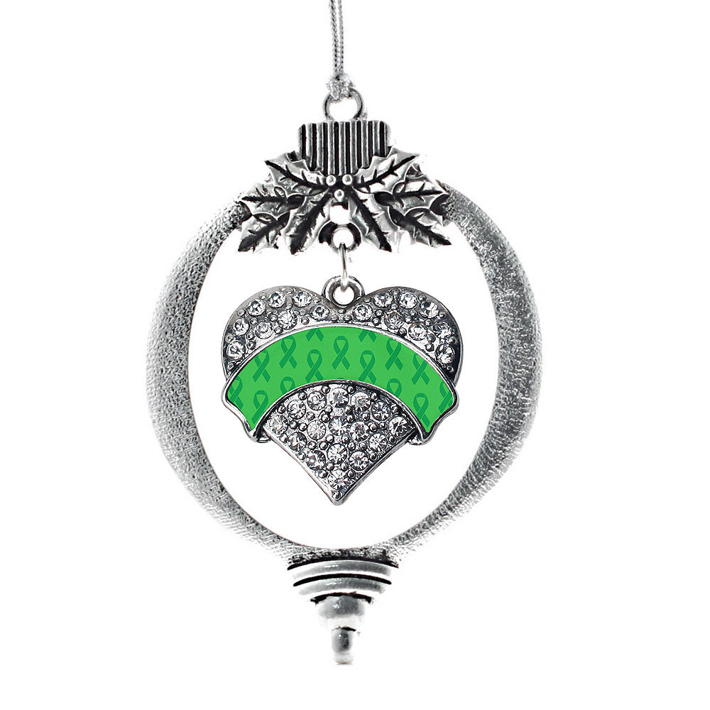 Silver Green Ribbon Support Pave Heart Charm Holiday Ornament