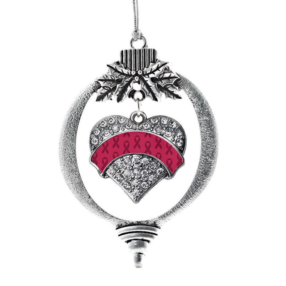 Silver Burgundy Ribbon Support Pave Heart Charm Holiday Ornament