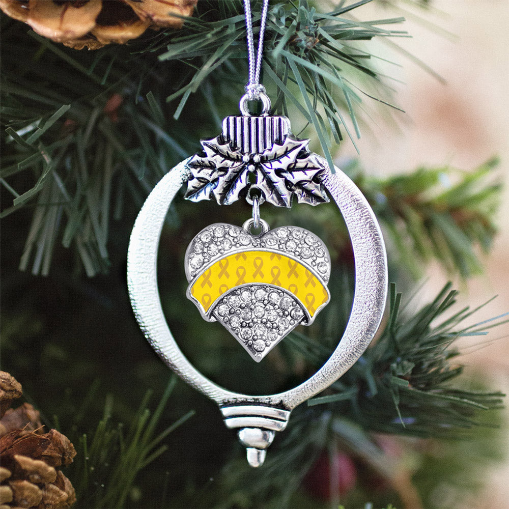 Silver Yellow Ribbon Support Pave Heart Charm Holiday Ornament