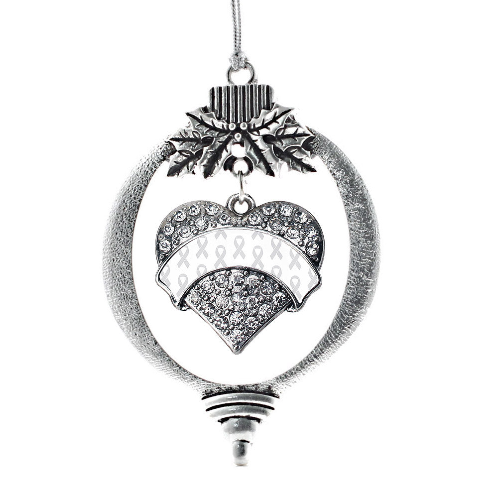 Silver White Ribbon Support Pave Heart Charm Holiday Ornament