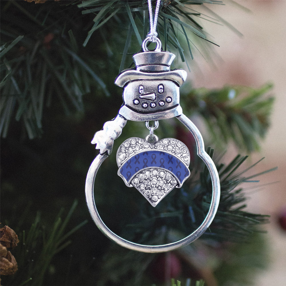 Silver Blue Ribbon Support Pave Heart Charm Snowman Ornament