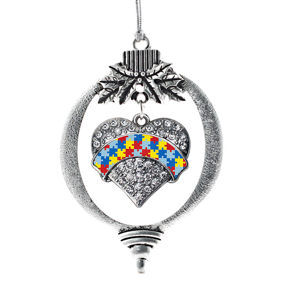 Silver Autism Awareness Pave Heart Charm Holiday Ornament