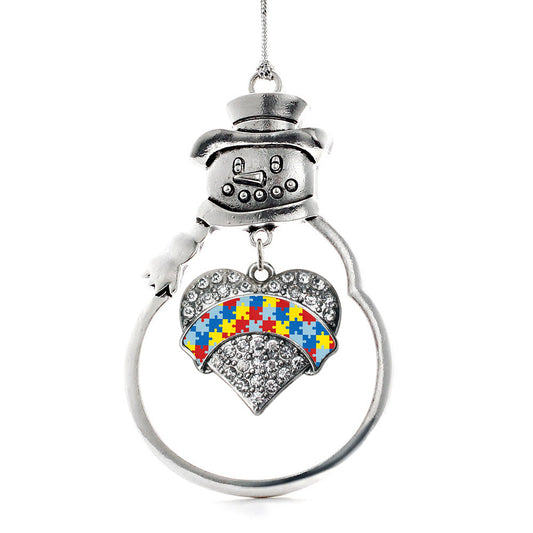 Silver Autism Awareness Pave Heart Charm Snowman Ornament
