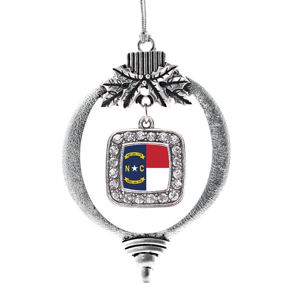 Silver North Carolina Flag Square Charm Holiday Ornament