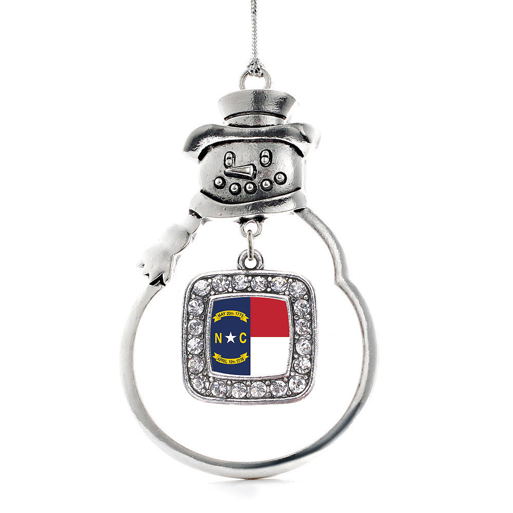 Silver North Carolina Flag Square Charm Snowman Ornament