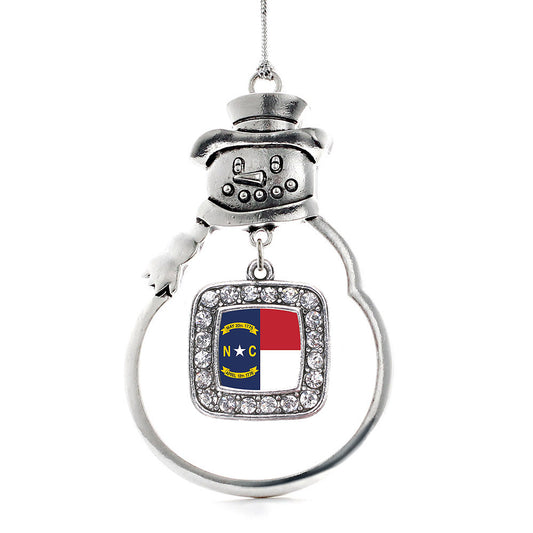 Silver North Carolina Flag Square Charm Snowman Ornament