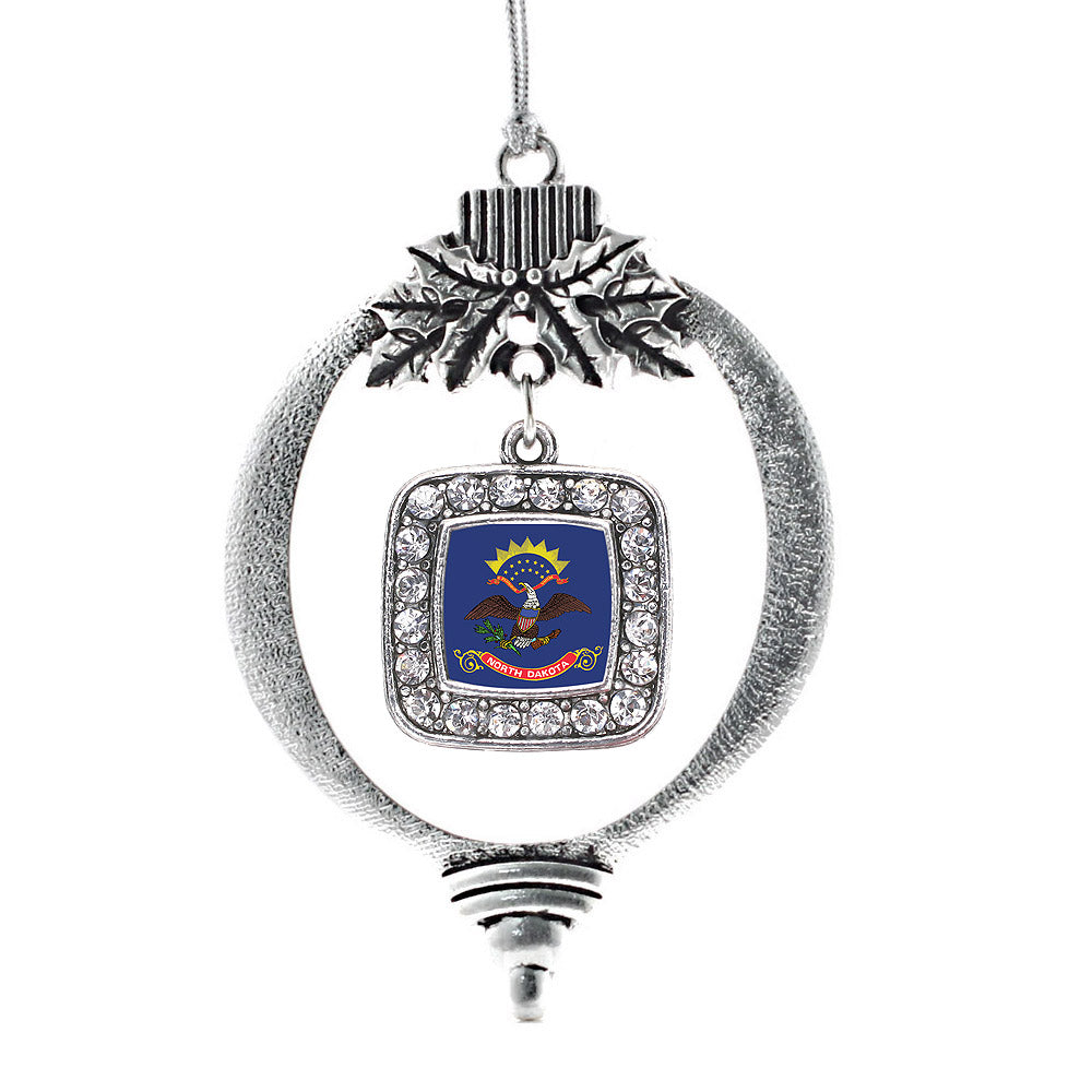 Silver North Dakota Flag Square Charm Holiday Ornament