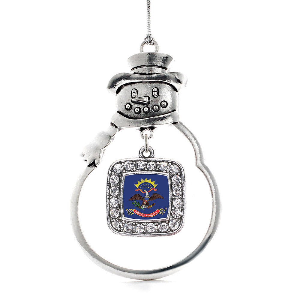 Silver North Dakota Flag Square Charm Snowman Ornament
