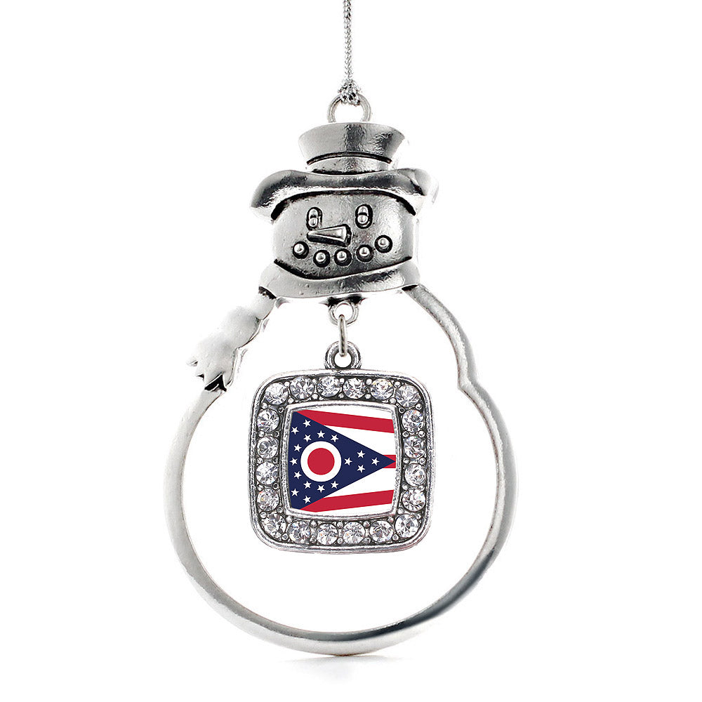 Silver Ohio Flag Square Charm Snowman Ornament