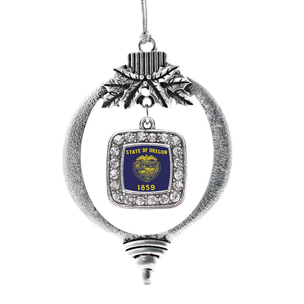 Silver Oregon Flag Square Charm Holiday Ornament