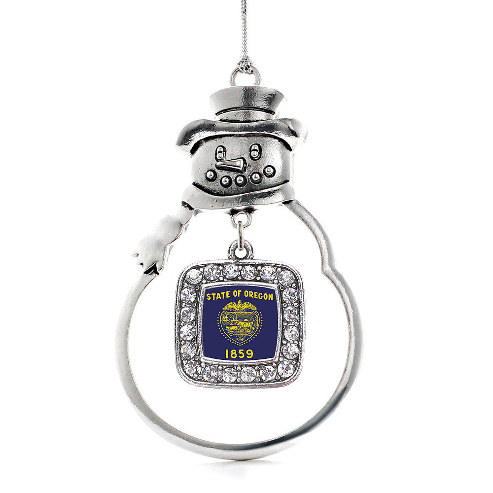 Silver Oregon Flag Square Charm Snowman Ornament