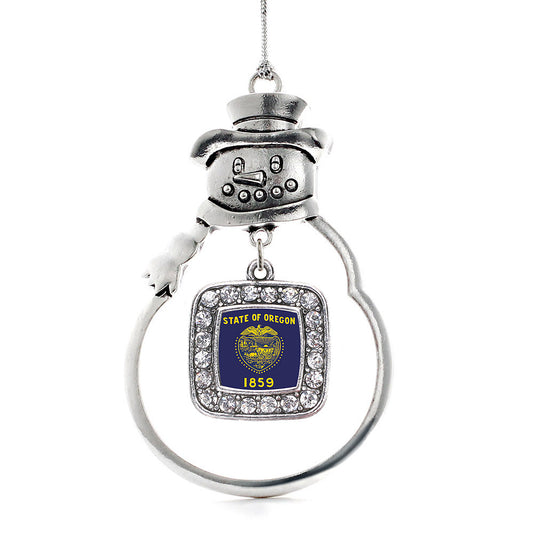 Silver Oregon Flag Square Charm Snowman Ornament