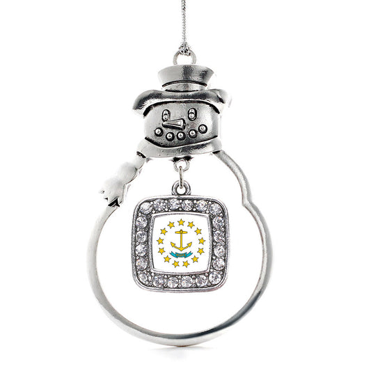 Silver Rhode Island Flag Square Charm Snowman Ornament