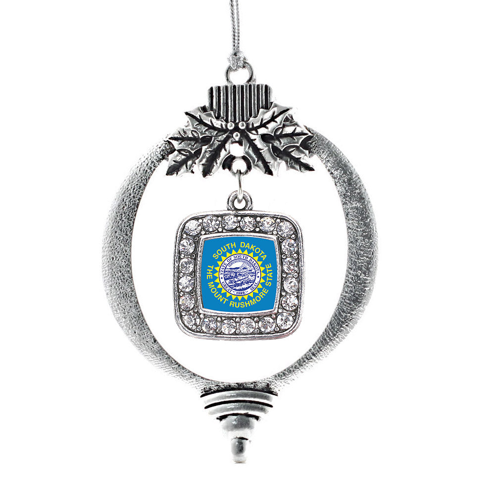 Silver South Dakota Flag Square Charm Holiday Ornament