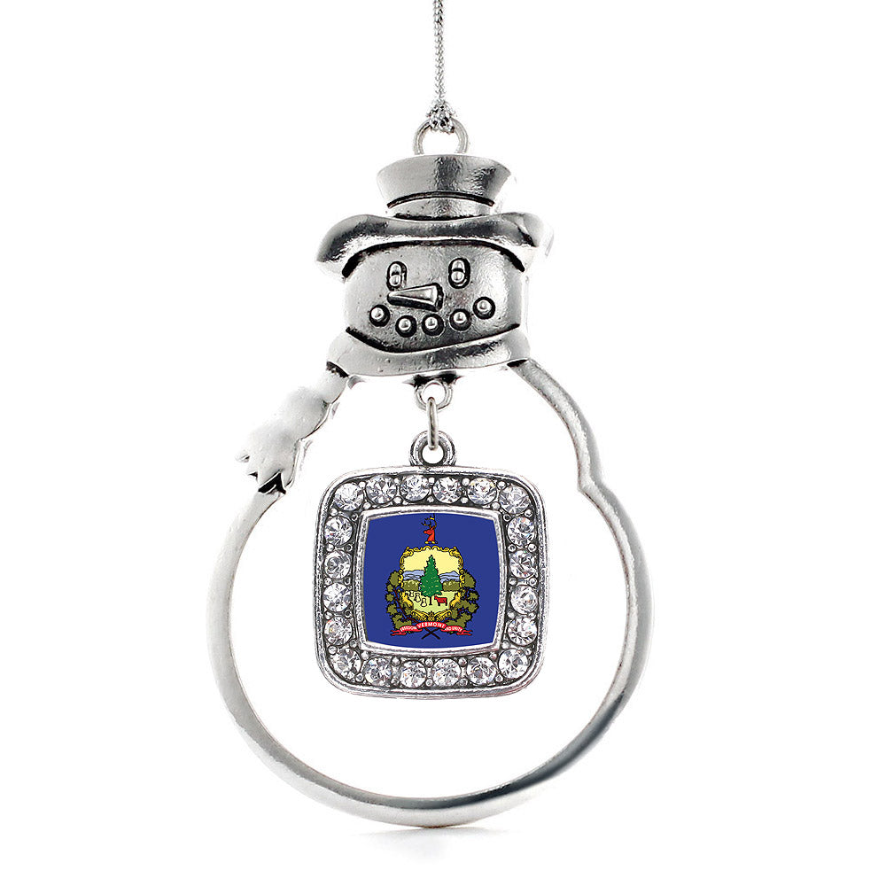 Silver Vermont Flag Square Charm Snowman Ornament
