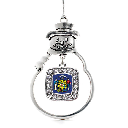 Silver Wisconsin Flag Square Charm Snowman Ornament