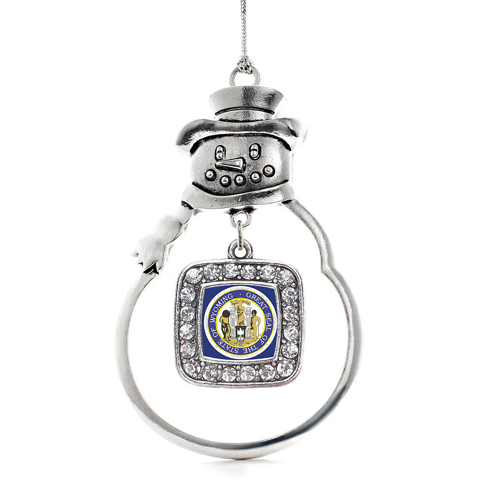 Silver Wyoming Flag Square Charm Snowman Ornament