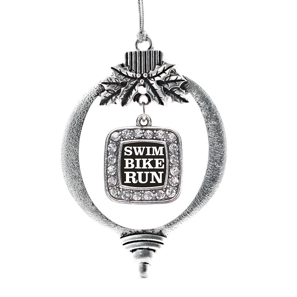 Silver The Triathletes Square Charm Holiday Ornament