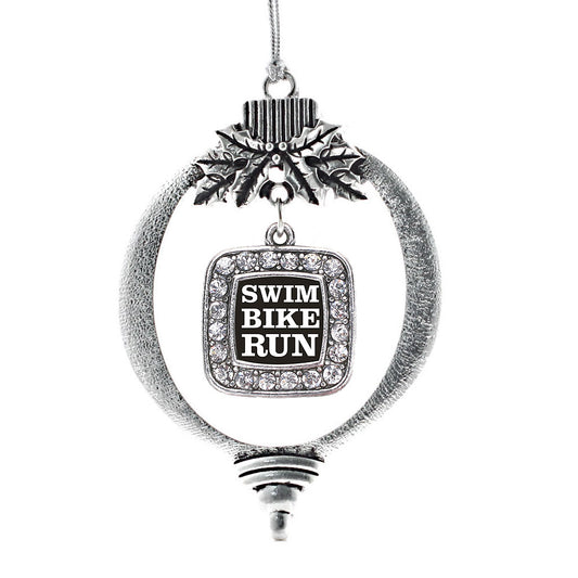Silver The Triathletes Square Charm Holiday Ornament