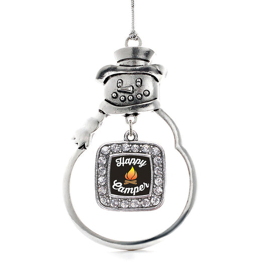 Silver Happy Camper Square Charm Snowman Ornament