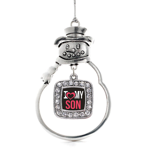 Silver I Love My Son Square Charm Snowman Ornament