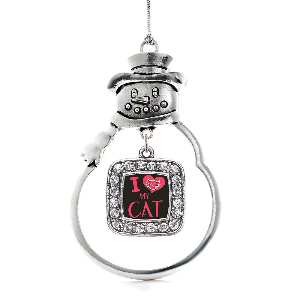 Silver I Love My Cat Square Charm Snowman Ornament