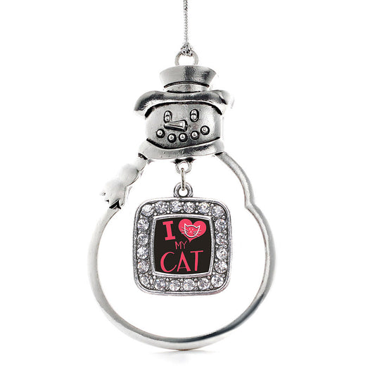 Silver I Love My Cat Square Charm Snowman Ornament