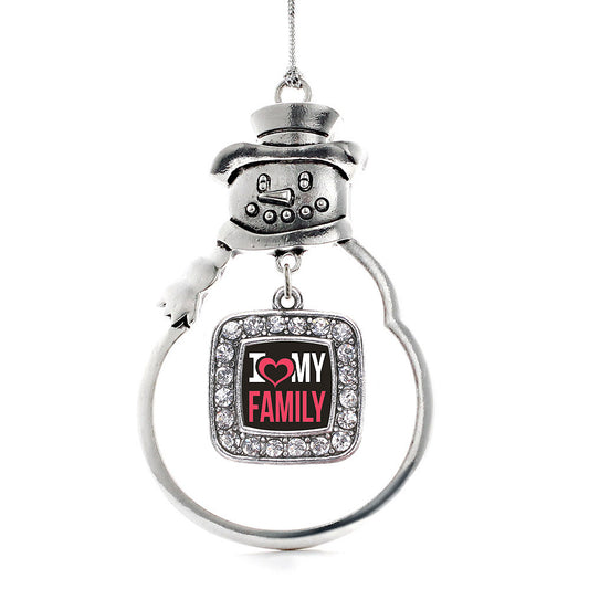 Silver I Love My Family Square Charm Snowman Ornament