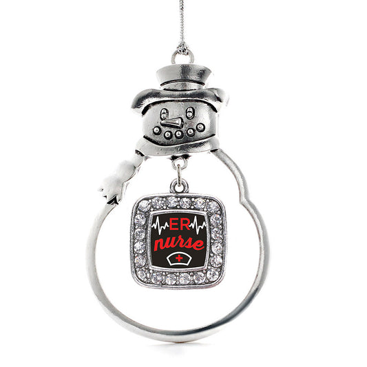 Silver ER Nurse Square Charm Snowman Ornament