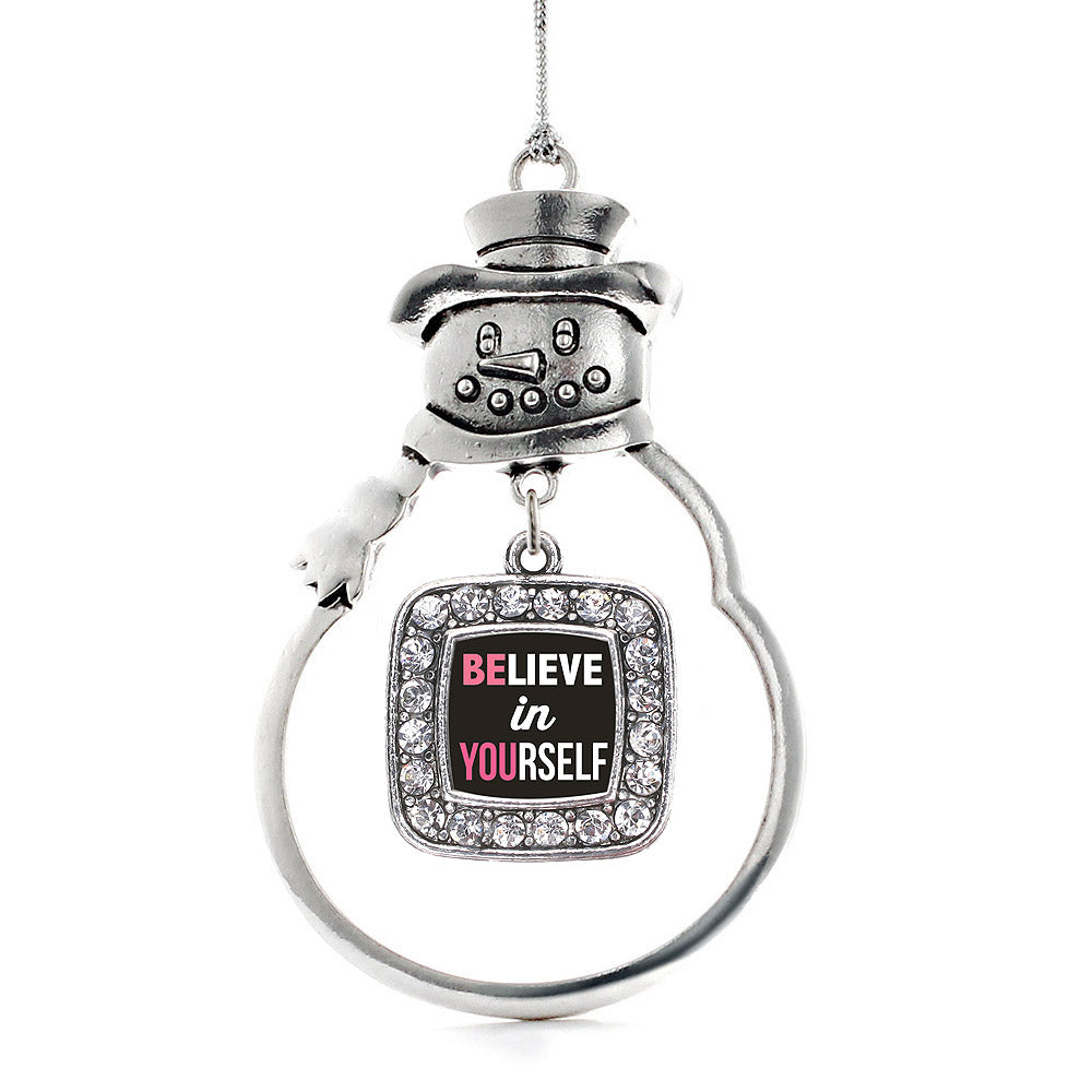 Silver Believe in Yourself Square Charm Snowman Ornament