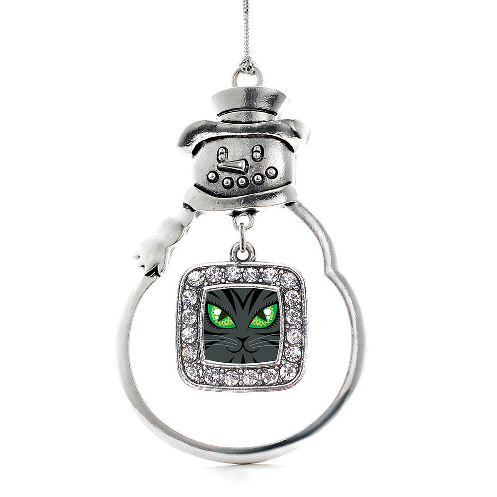 Silver Mischievous Cat Square Charm Snowman Ornament