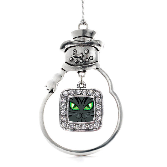 Silver Mischievous Cat Square Charm Snowman Ornament