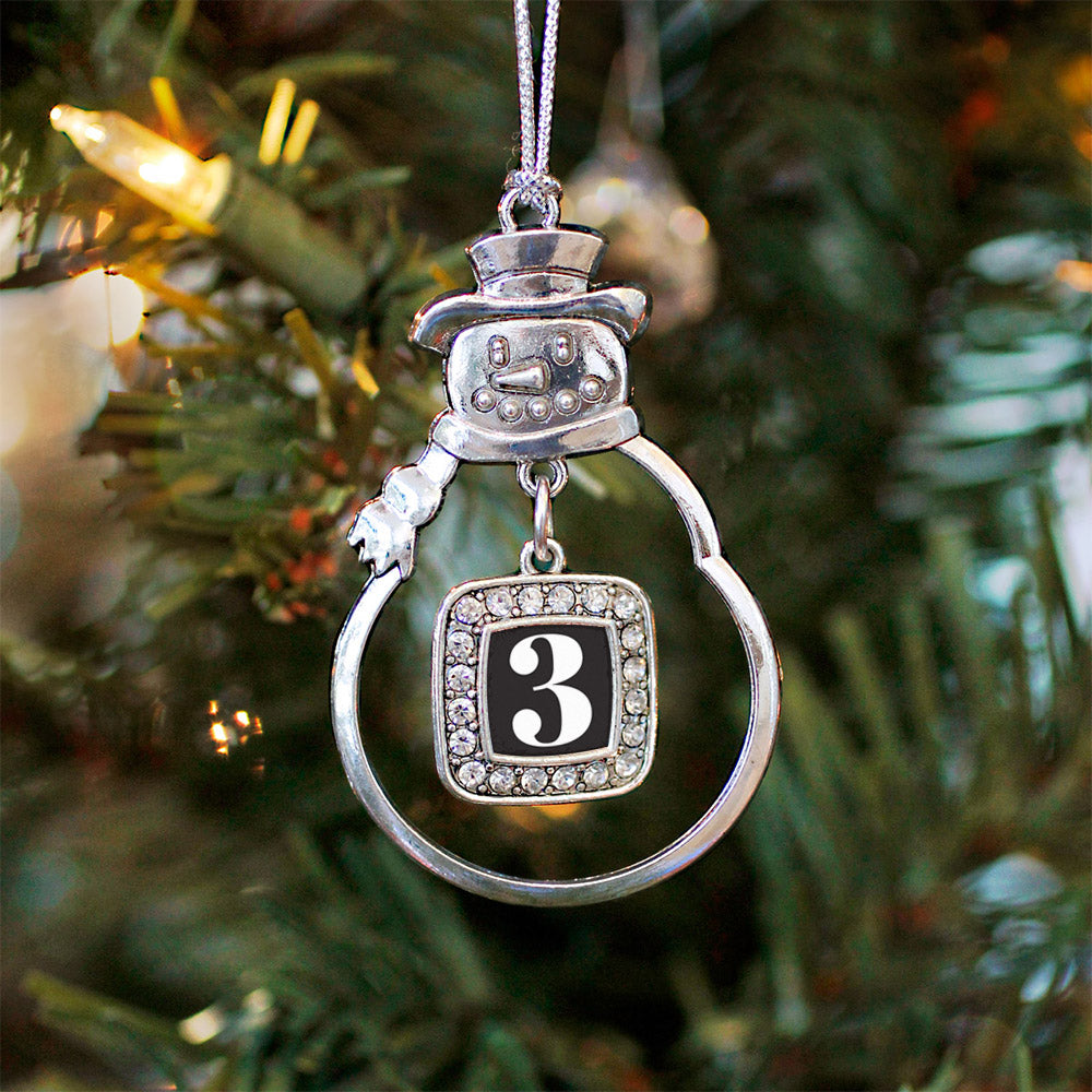 Silver Sport Number 3 Square Charm Snowman Ornament