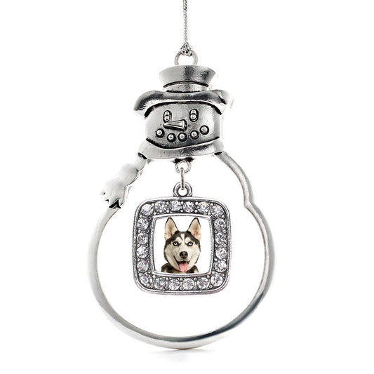 Silver Siberian Husky Square Charm Snowman Ornament